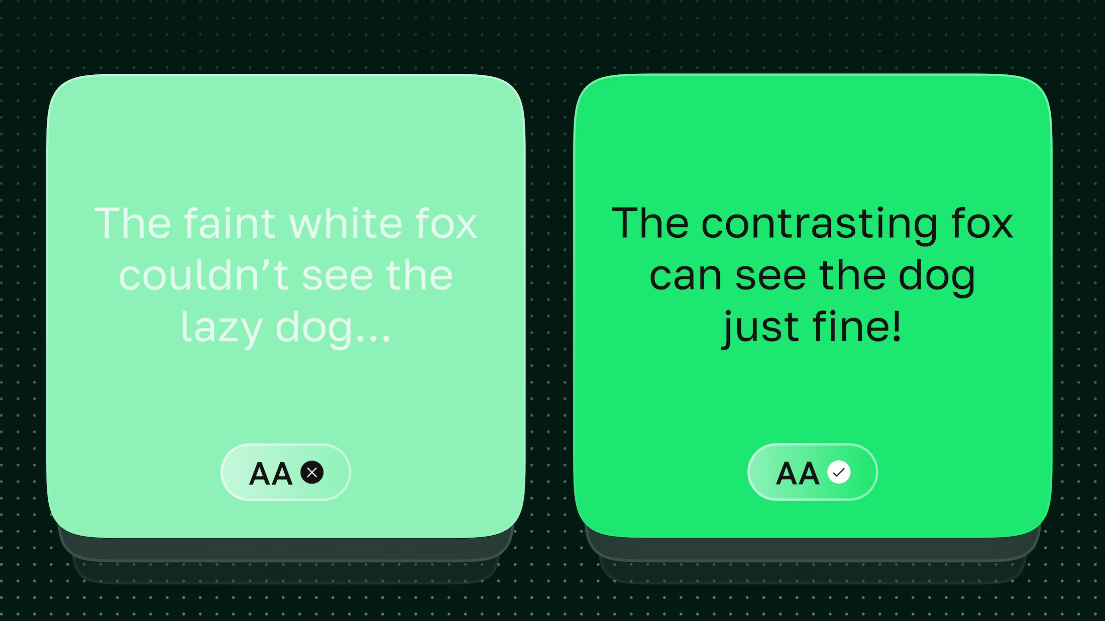 Two content card boxes with text content – the card on the left shows colours that do not contrast well, wheras there is a higher contrast for the set on the right
