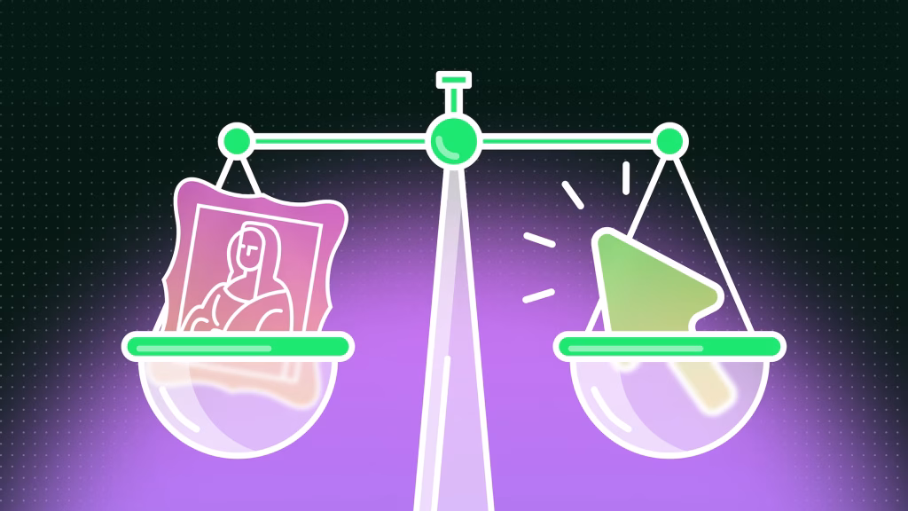 A set of scales balancing a painting and a depiction of a mouse click