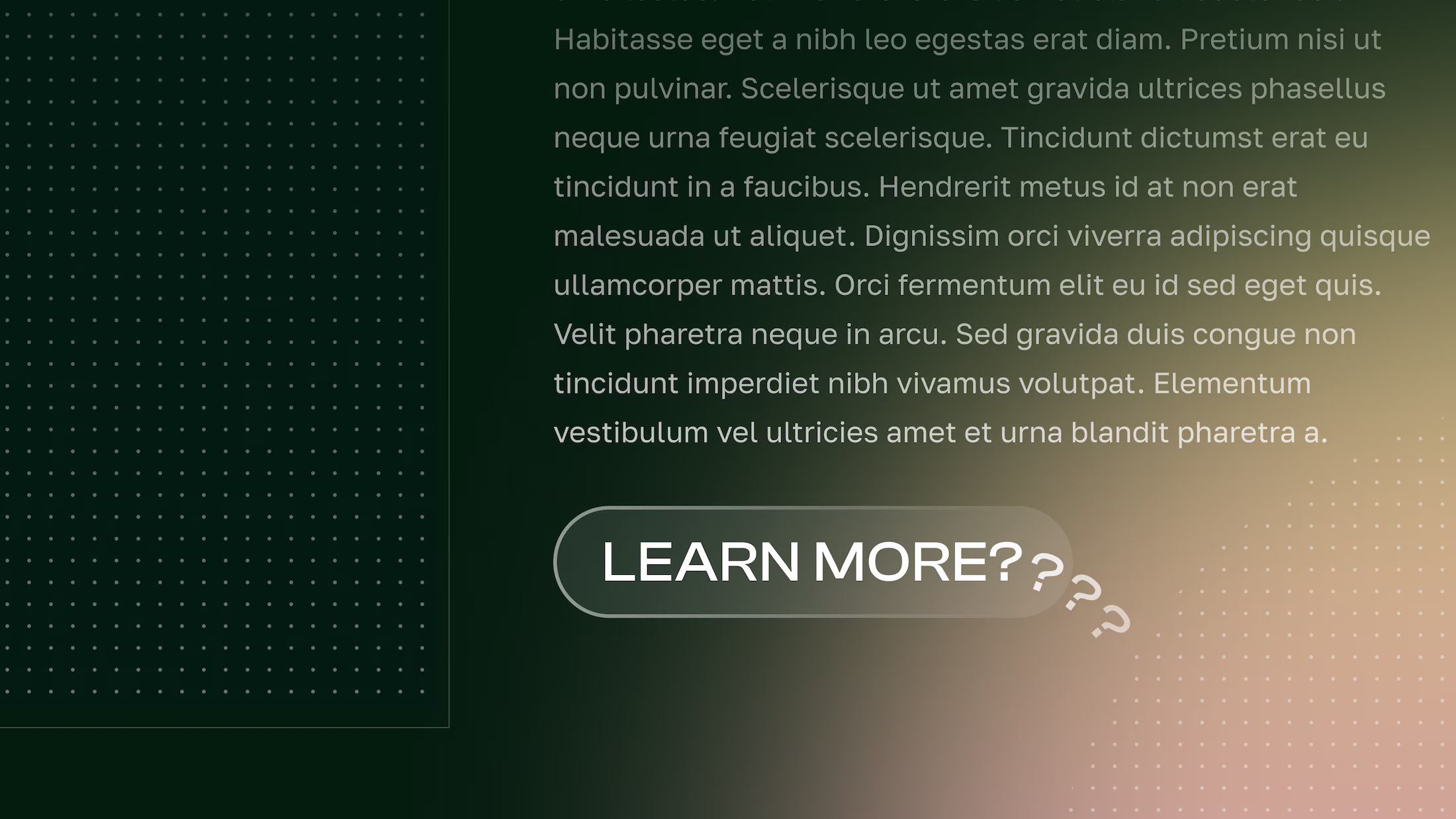 A section containing a text and button – the call to action text shows 'Learn More' with a cascade of question marks