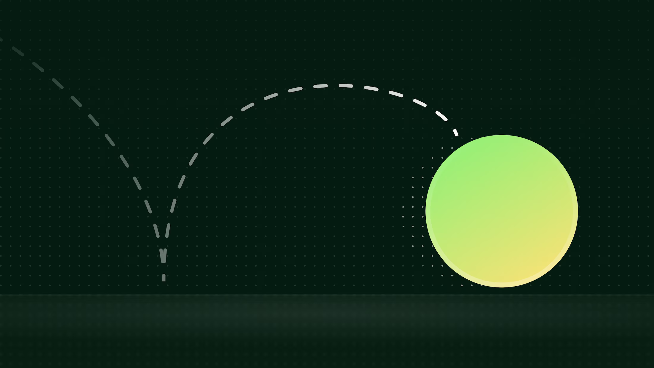 A depiction of a bouncing ball with a dashed line to show its trajectory